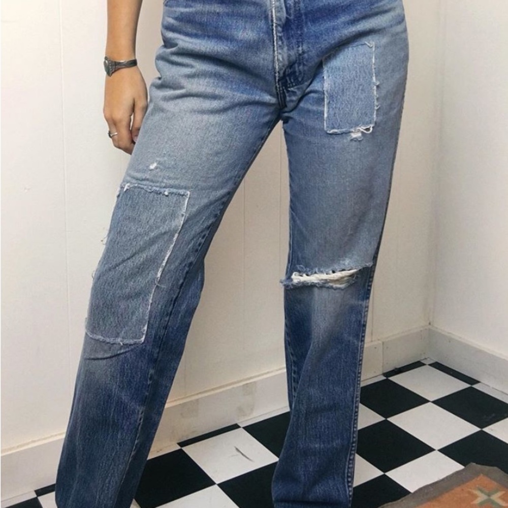 VINTAGE Levi's Distressed Patchwork Straight-Leg Jeans in Blue
